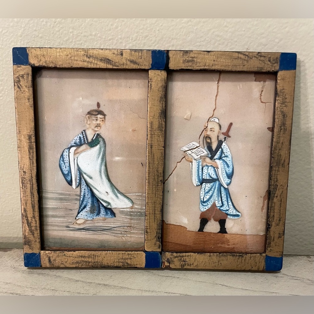 Antique Asian Paintings / Small Original Artwork / Framed Art